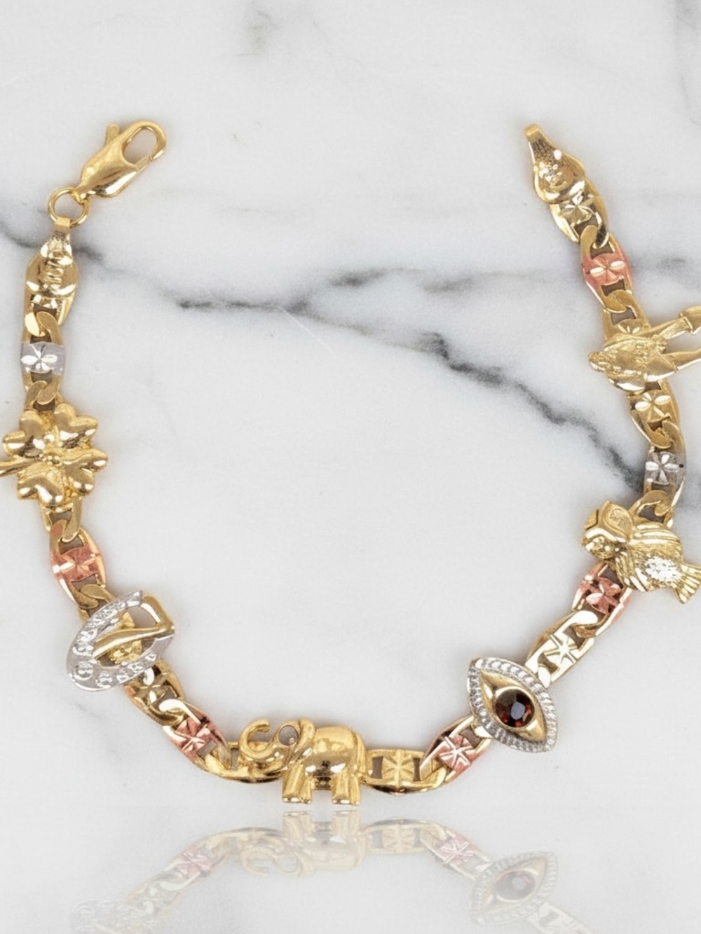 18K Gold Filled Tri-Tone Gold Charm Bracelet with Red Accent